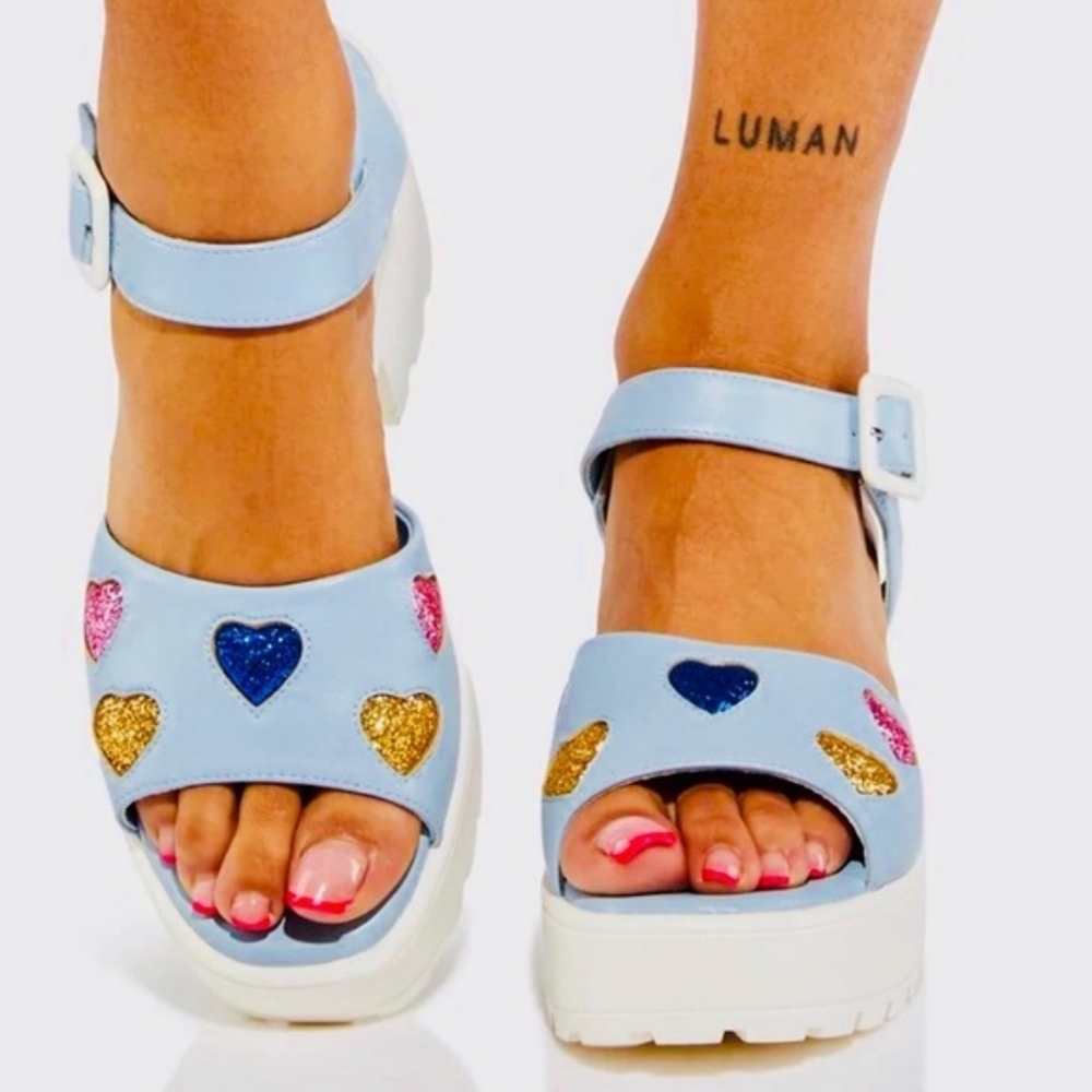 Koi Footwear Size 5 Blue White Platform Buckled Sandals With Pink Yellow Hearts — image 3 of 3